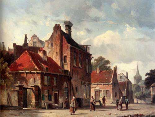 Painting Code#20053-Eversen, Adrianus(Netherlands): View Of a Town With Figures In A Sunlit Street