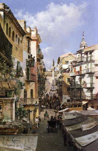 Painting Code#20151-Campo, Federico Del - A Busy Thoroughfare, Palermo, Sicily