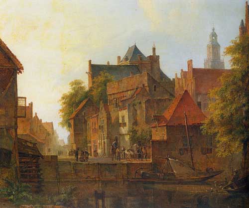Painting Code#2020-Karsen, Kasparus: View of a town with a blacksmith at work on a quay
