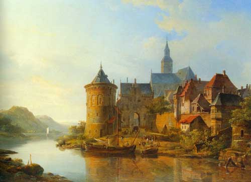 Painting Code#2021-Cornelis Springer: A View of a Town Along the Rhine