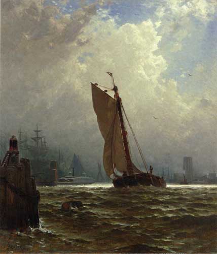Painting Code#20232-Bricher, Alfred Thompson - New York Harbor with the Brooklyn Bridge Under Construction