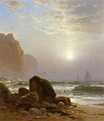 Painting Code#20235-Bricher, Alfred Thompson - Rocky Coastal Scene with a View of Passing Ships