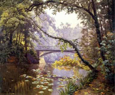 Painting Code#20244-Henri Biva - The Milieu Bridge in the Forest