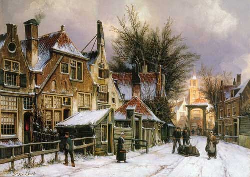 Painting Code#2027-Koekkoek, Willem(Holland): A Townview with Figures on a Snow Covered Street
