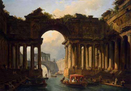 Painting Code#20316-Hubert Robert - Architectural Landscape with a Canal