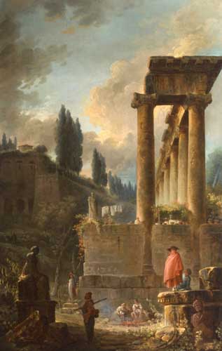 Painting Code#20317-Hubert Robert - Figures amongst Ruins inspired by the Temple of Saturn