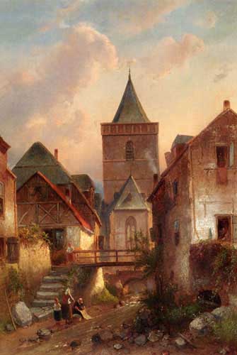 Painting Code#2037-Leickert, Charles Henri Joseph(Belgium): View In A German Village With Washerwomen
