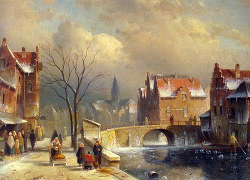 Painting Code#2038-Leickert, Charles Henri Joseph(Belgium): Winter Villagers on a Snowy Street by a Canal