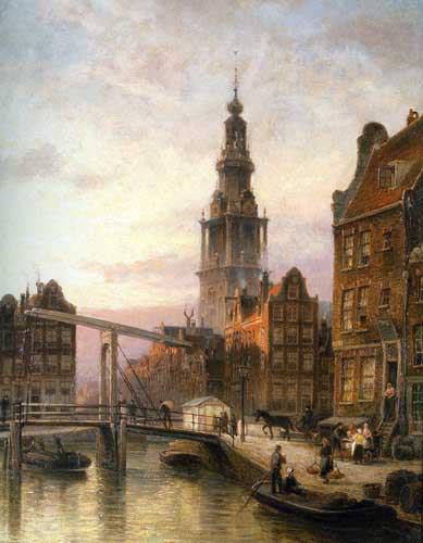 Painting Code#2049-Dommelshuizen, Cornelis Christiaan(Holland): The Zuider Kerk at Dusk, Amsterdam