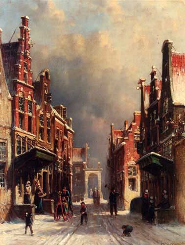 Painting Code#2051-Vertin, Pieter Gerard(Denmark): A Town View In Winter With Figures Conversing On Porches And Children Throwing Snowballs