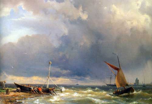 Painting Code#2054-Koekkoek Snr, Hermanus(Netherlands): Shipping in a Stiff Breeze near Enkhuizen