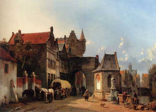 Painting Code#2060-Carabain, Jacques(Belgium): Figures By An Old City Gate

