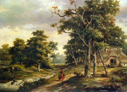 Painting Code#2063-Koekkoek, Hendrik Barend(Denmark): Peasant Woman and a Boy in a Wooded Landscape