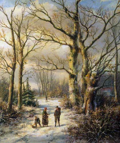 Painting Code#2064-Koekkoek, Hendrik Barend(Denmark): Woodgatherers in a Winter Forest
