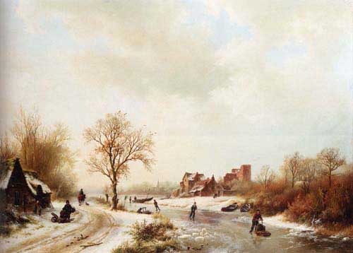 Painting Code#2094-Koekkoek, Barend Cornelis (Holland): A Winter Landscape With Skaters On A Frozen Waterway