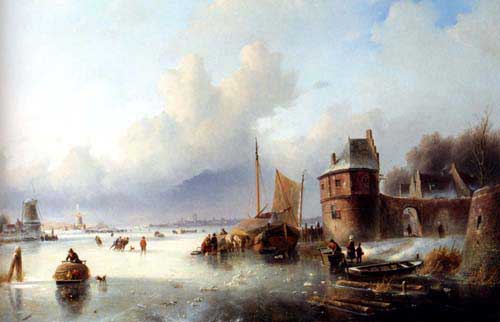 Painting Code#2160-Spohler, Jan Jacob Coenraad(Netherlands): A Winter Landscape With Numerous Skaters On A Frozen Waterway, Dordrecht In The Distance