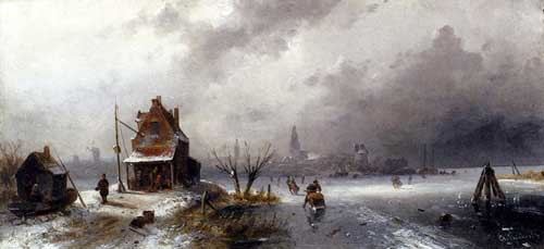 Painting Code#2161-Leickert, Charles Henri Joseph(Belgium):  Figures in a Forzen Winter Landscape