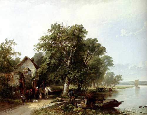 Painting Code#2169-Boddington, Henry John(UK): River Landscape With Figures Loading A Boat