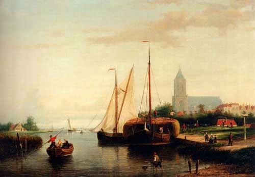 Painting Code#2182-Hulk, Snr., Johannes Frederik: A Moored Haybarge And Other Shipping By A Bleach-field, In The Harbour Of Manninckendam
