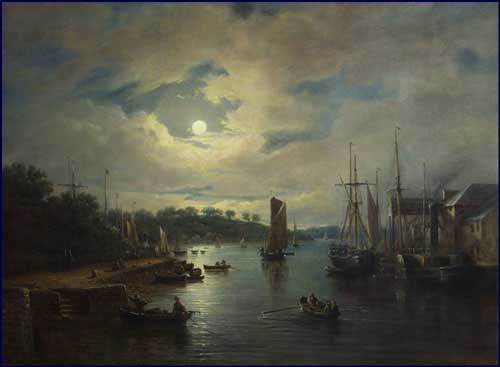 Painting Code#2183-John Moore: Ipswich Docks by Moonlight