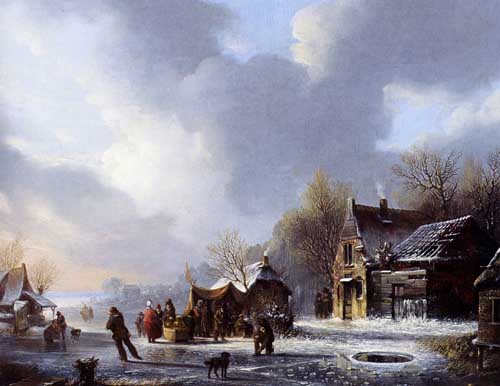 Painting Code#2189-Stok, Jacobus Van Der: Skaters On A Frozen River Near A &#039;Koek En Zopie&#039;