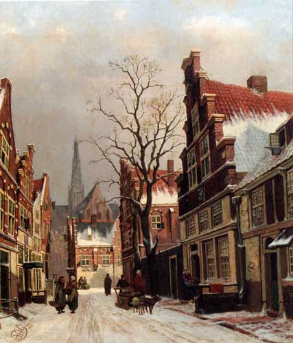 Painting Code#2206-Gulik, Franciscus Lodewijk Van: Townsfolk In A Snow-covered Street In Haarlem
