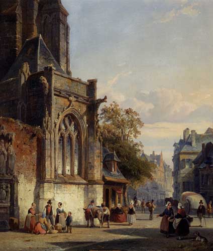 Painting Code#2209-Cornelis Springer: Town Square Before A Church: A Capriccio