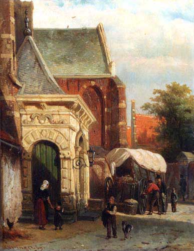 Painting Code#2210-Cornelis Springer: A View Of The South Entrance Of The St. Pancras Church, Enkhuizen