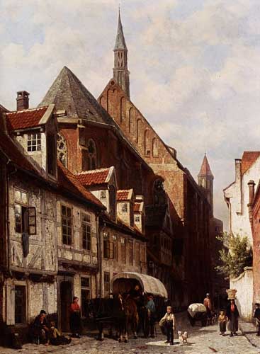 Painting Code#2211-Cornelis Springer: A Busy Street In Bremen With The Saint Johann Church In The Background