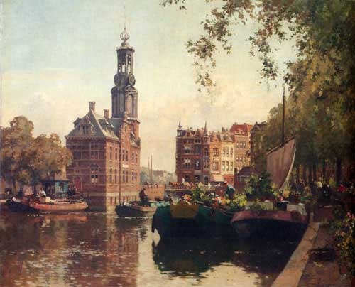 Painting Code#2212-Vreedenburgh, Cornelis: The Flowermarket On The Singel Amsterdam With The Munttoren Beyond 
