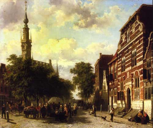 Painting Code#2213-Cornelius Springer - A Busy Market in Veere with the Clocktoewer of the Town Hall Beyond