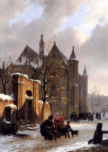 Painting Code#2215-Hove, Bartholomeus Johannes Van(Dutch): A Capricio View With Figures Leaving A Church In Winter