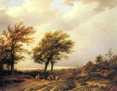Painting Code#2299-Bodemann, Willem(Holland): Travellers in an Extensive Landscape with a Town Beyond