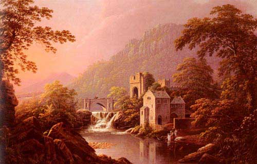Painting Code#2342-Cuitt, George(USA): River Landscape With Bridge And Distant Mountains