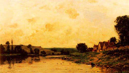 Painting Code#2352- Delpy, Hippolyte Camille(France): Washerwomen by the Banks of a River