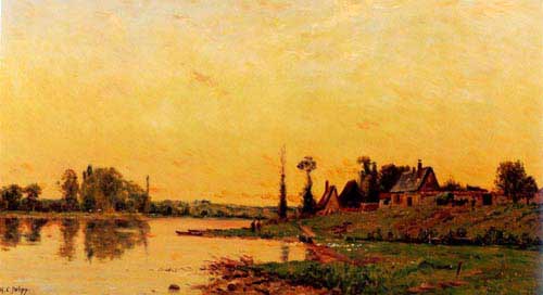 Painting Code#2353- Delpy, Hippolyte Camille(France): Washerwomen near a Group of Houses