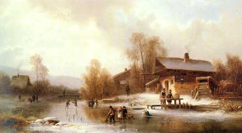 Painting Code#2356-Doll, Anton(Germany): Skaters and Washerwomen in a Frozen Landscape