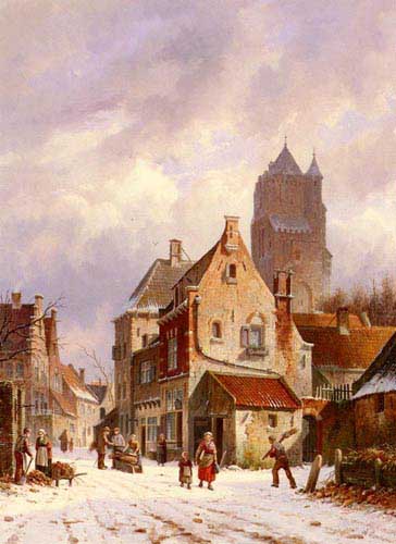 Painting Code#2364-Eversen, Adrianus(Netherlands): A Winter Street Scene