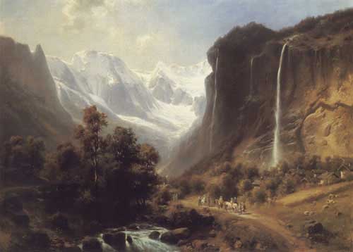 Painting Code#2626-Hofer, Heinrich(Germany): Travellers on a Mountainous Path by the Staubachfall Near Lauterbrunnen
