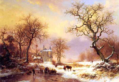 Painting Code#2632-Kruseman, Frederik Marianus(Holland) - Skaters in a Winter Landscape