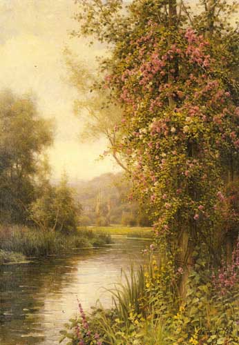 Painting Code#2636-Knight, Louis Aston(USA): A Flowering Vine along a Winding Stream with a Country Church Beyond