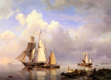 Painting Code#2645-Koekkoek Snr, Hermanus (Netherlands) - Vessels at Anchor in an Estuary