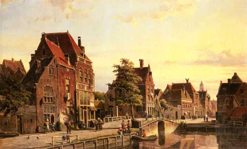 Painting Code#2653-Koekkoek, Willem(Holland): Figures by a Canal in a Dutch Town