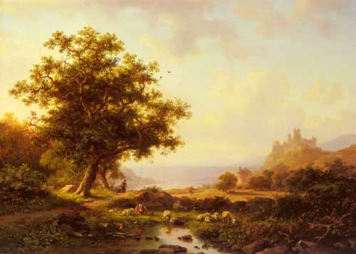 Painting Code#2655-Kruseman, Frederik Marianus(Netherlands): An Extensive River Landscape With A Castle On A Hill Beyond
