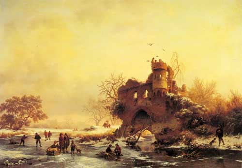 Painting Code#2656-Kruseman, Frederik Marianus(Netherlands): Winter Landscape with Skaters on a Frozen River beside Castle Ruins