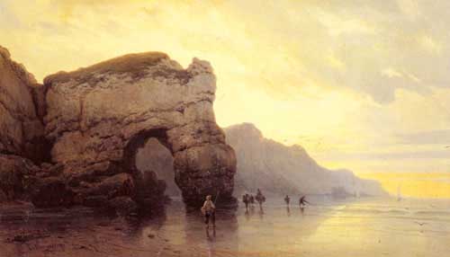 Painting Code#2658-Kuwasseg, Carl Joseph(France): Fisherfolk on a Shore at Sunrise