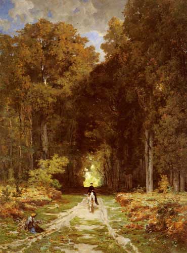 Painting Code#2666-Laurens, Jules Joseph Augustin(France): Equestrienne on a Woodland Lane