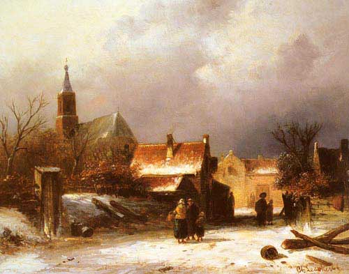 Painting Code#2675-Leickert, Charles Henri Joseph(Belgium): Figures on a Snow Covered Path with a Dutch Town beyond