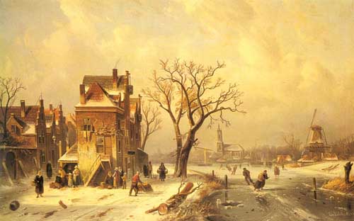Painting Code#2678-Leickert, Charles Henri Joseph(Belgium): Skaters in a Frozen Winter Landscape