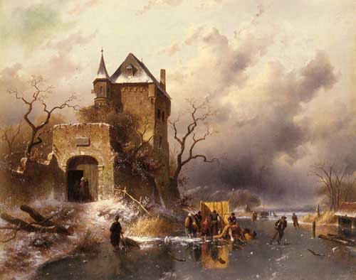 Painting Code#2679-Leickert, Charles Henri Joseph(Belgium): Skaters on a Frozen Lake by the Ruins of a Castle